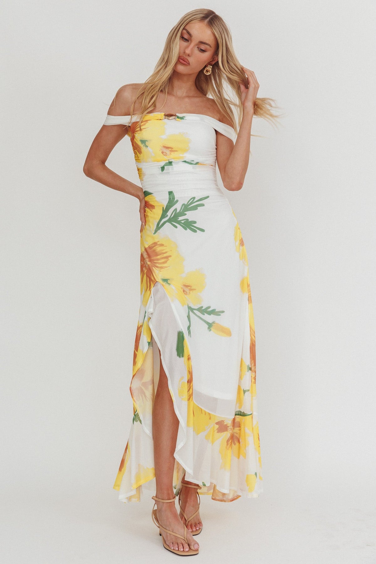 Moonlit Magic Off-Shoulder Split Maxi Dress Flower Yellow
