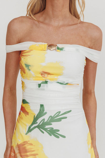 Moonlit Magic Off-Shoulder Split Maxi Dress Flower Yellow