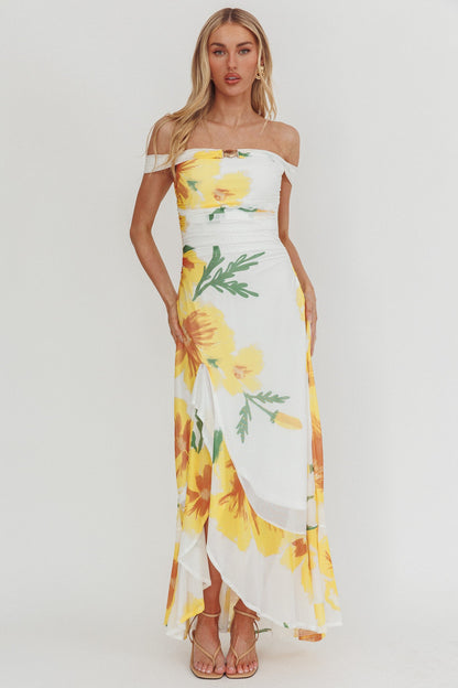 Moonlit Magic Off-Shoulder Split Maxi Dress Flower Yellow