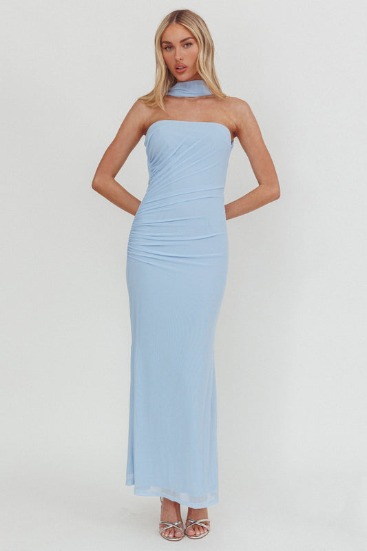 Truth Be Told Reverse Halter Maxi Dress Blue