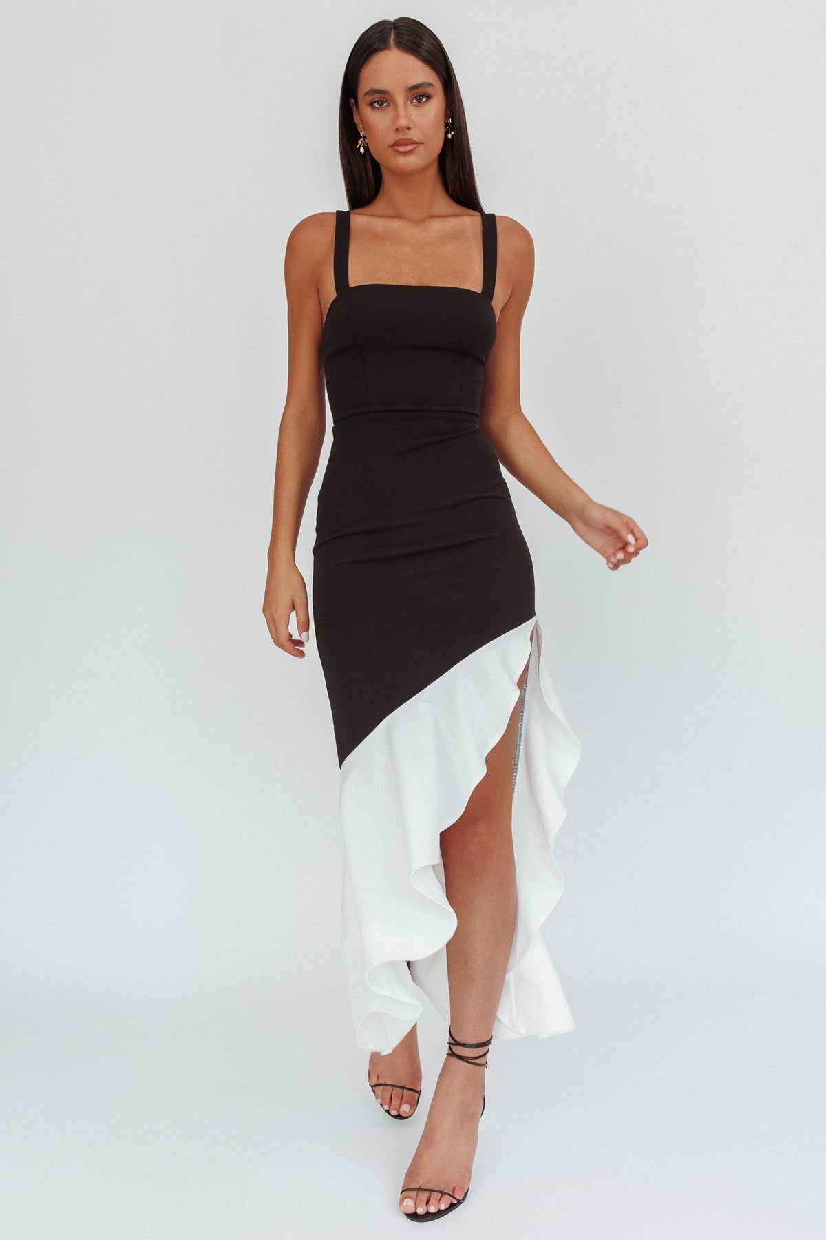 Delighted Asymmetric Hem Maxi Dress Contrast Black