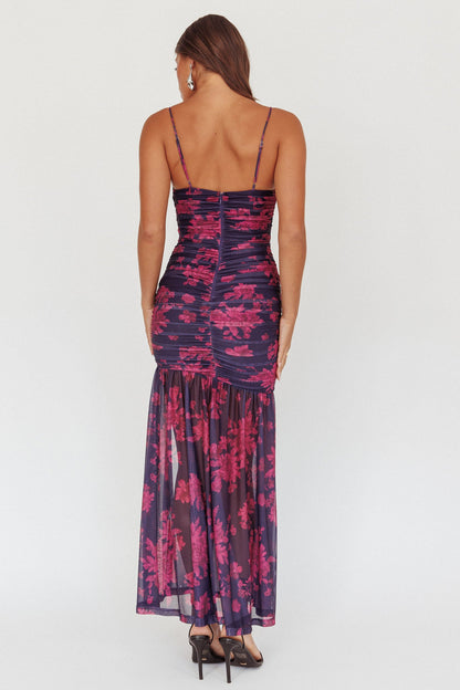 Stole The Show Ruched Mesh Maxi Dress Floral Grape