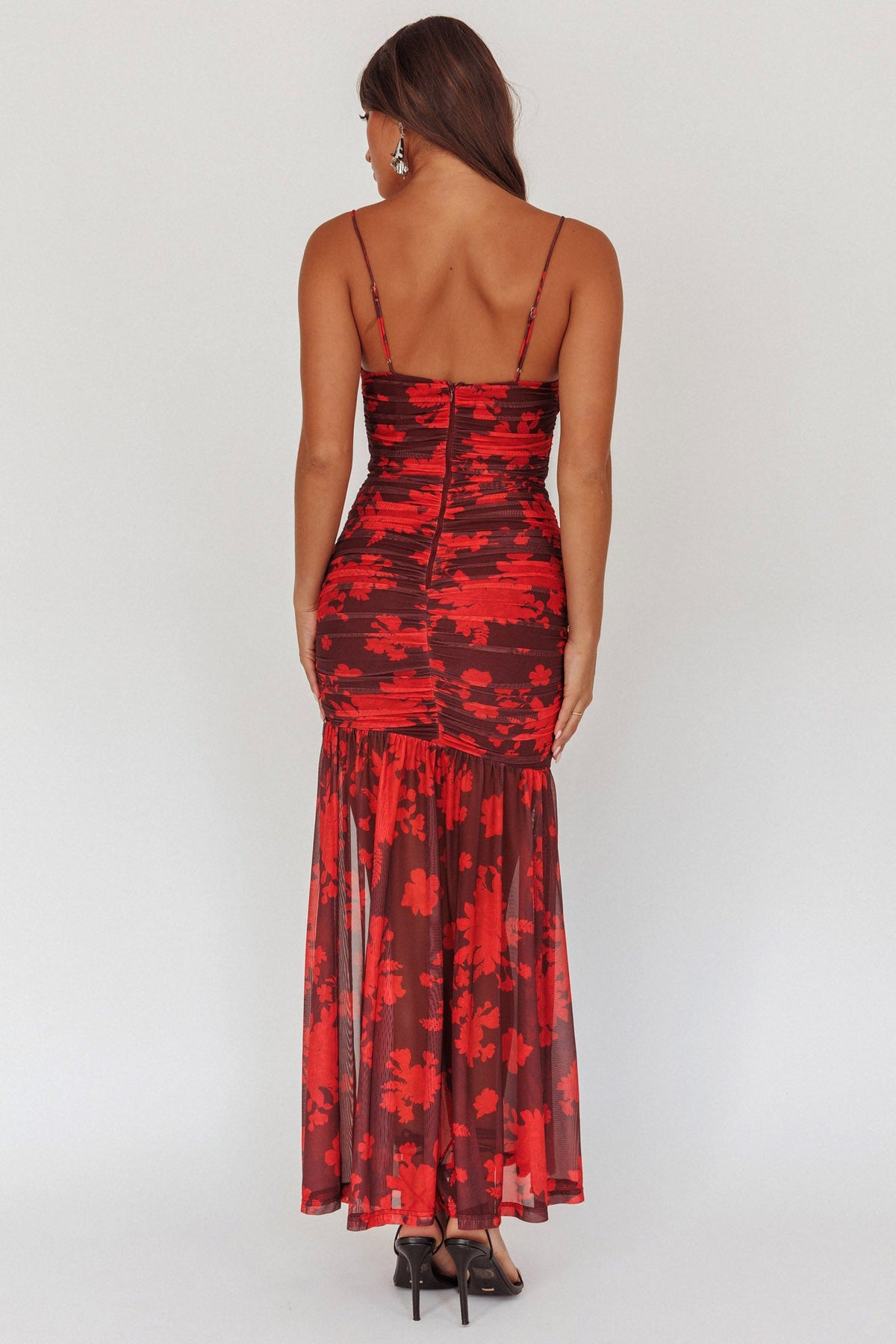 Stole The Show Ruched Mesh Maxi Dress Floral Red