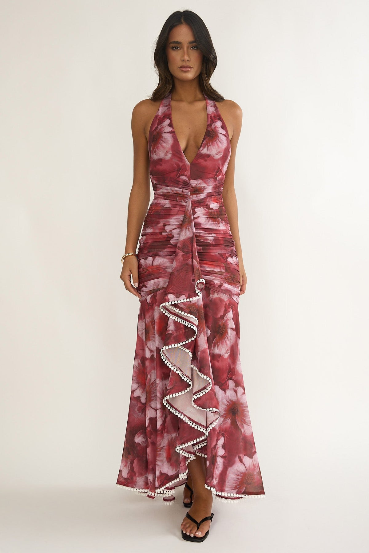 Kamilah Ruched Ruffle Maxi Dress Floral Red