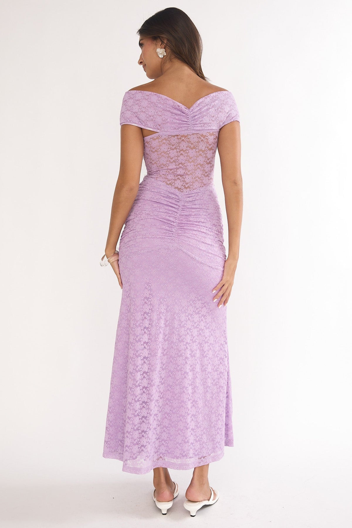 Kamilah Ruched Lace Maxi Dress Lilac