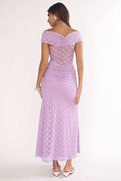 Kamilah Ruched Lace Maxi Dress Lilac