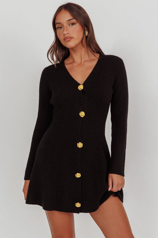 Irma Gold Button Knit Mini Dress Black
