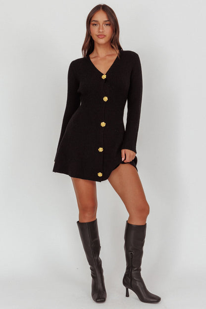 Irma Gold Button Knit Mini Dress Black