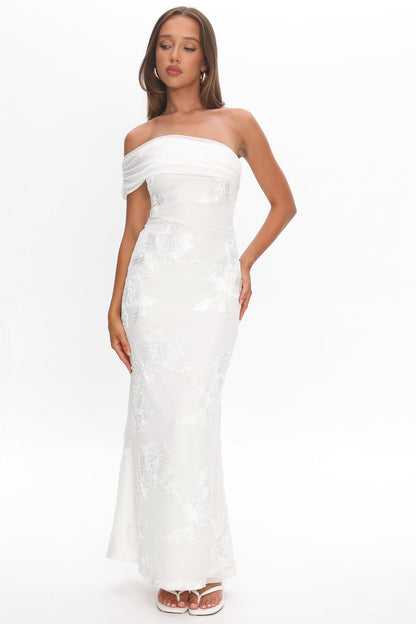 Gala One-Shoulder Maxi Dress Embellished White