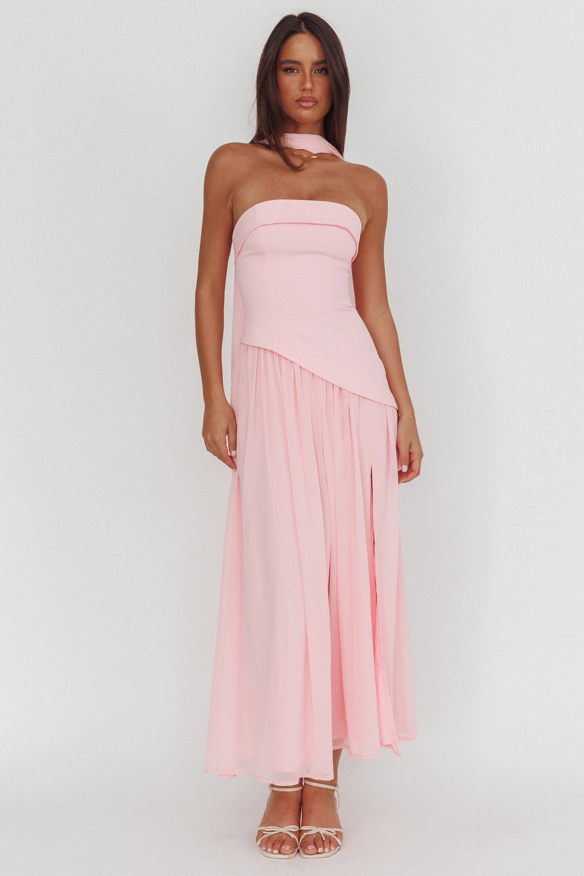 Mariabella Asymmetric Bodice Maxi Dress Pink