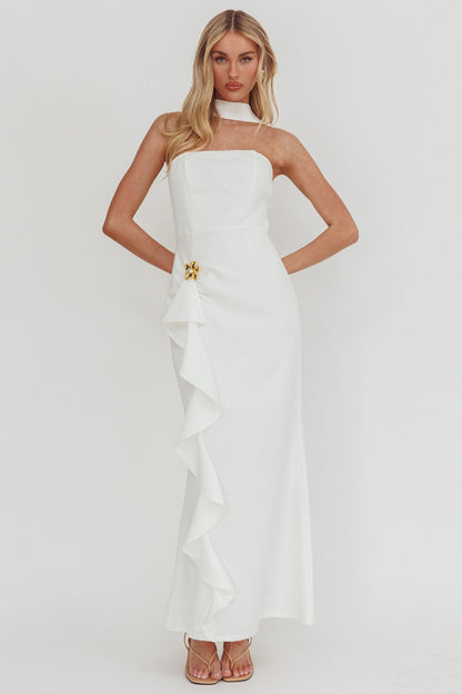 Selora Strapless Ruffle Maxi Dress White