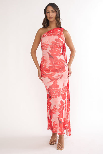 Ilyse Neck Scarf One-Shoulder Maxi Dress Floral Red