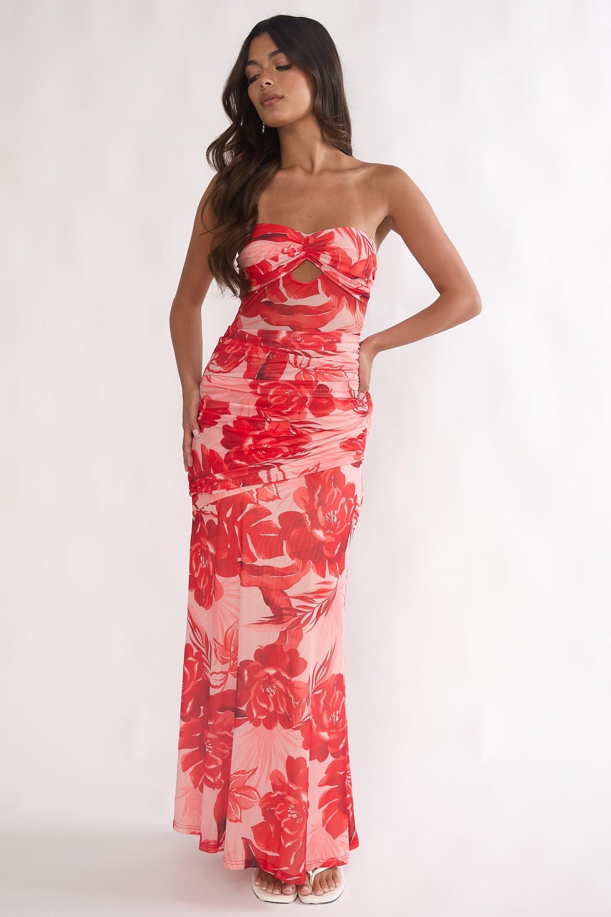 Kallira Strapless Ruched Maxi Dress Floral Red
