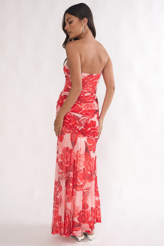 Kallira Strapless Ruched Maxi Dress Floral Red