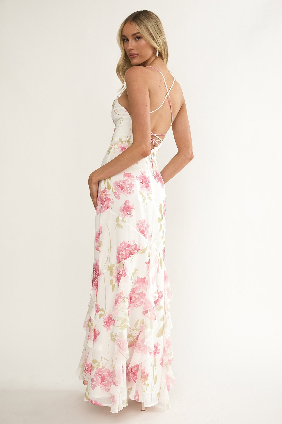 Charlisa Strappy Back Ruffle Maxi Dress Flowers White