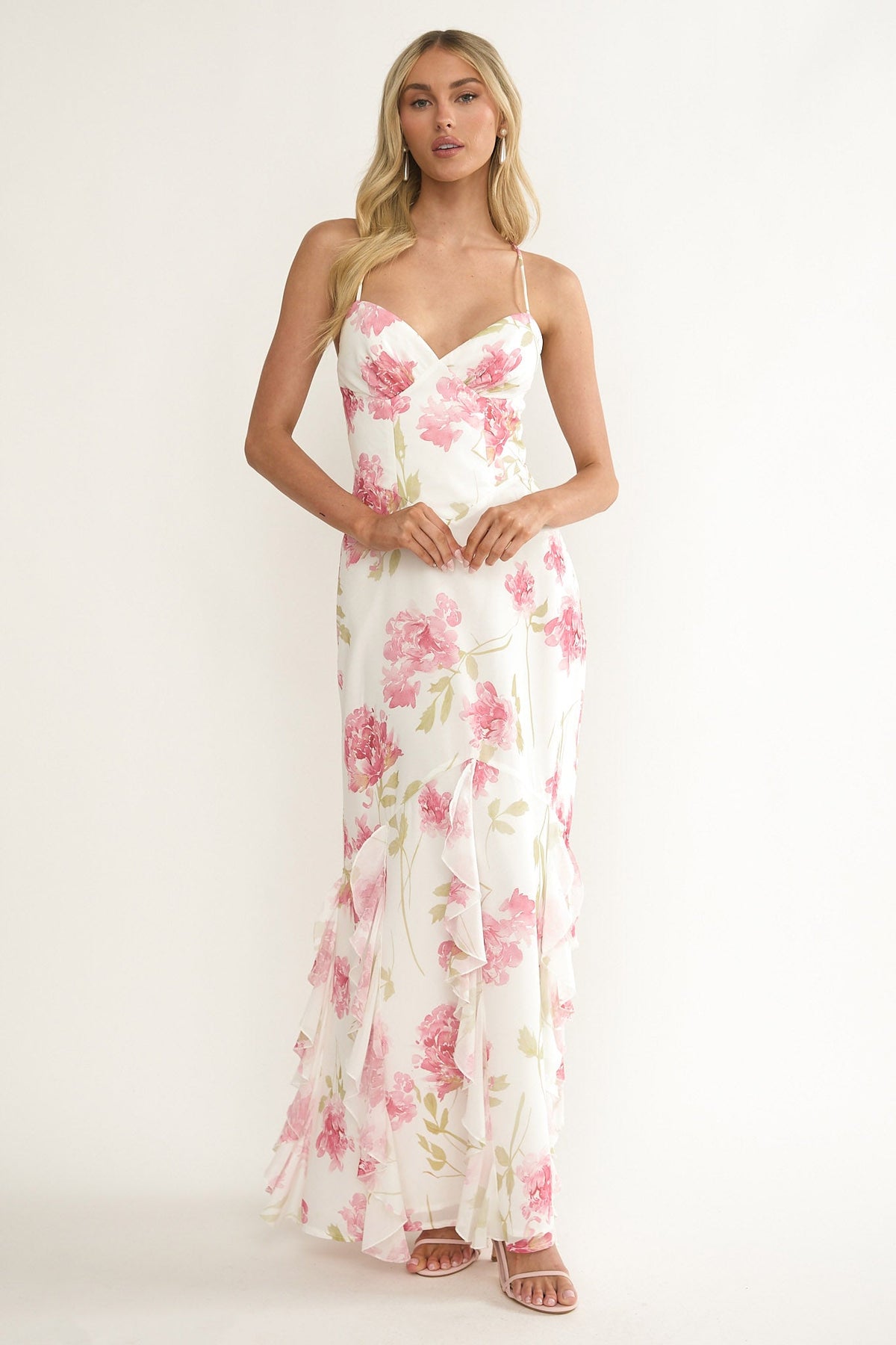 Charlisa Strappy Back Ruffle Maxi Dress Flowers White