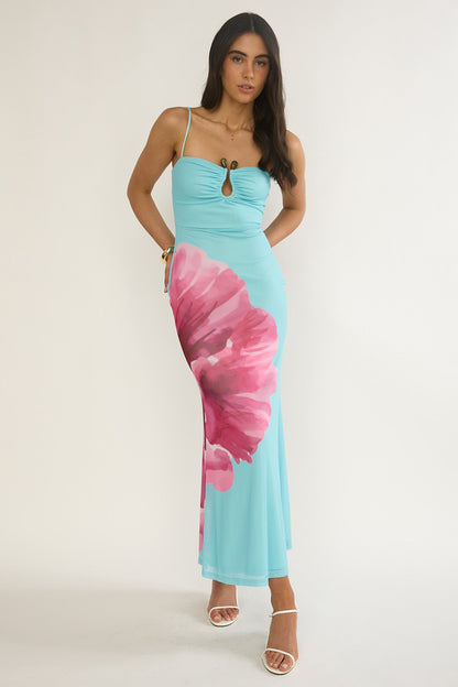 Orabella Waterdrop Wire Bust Maxi Dress Floral Aqua
