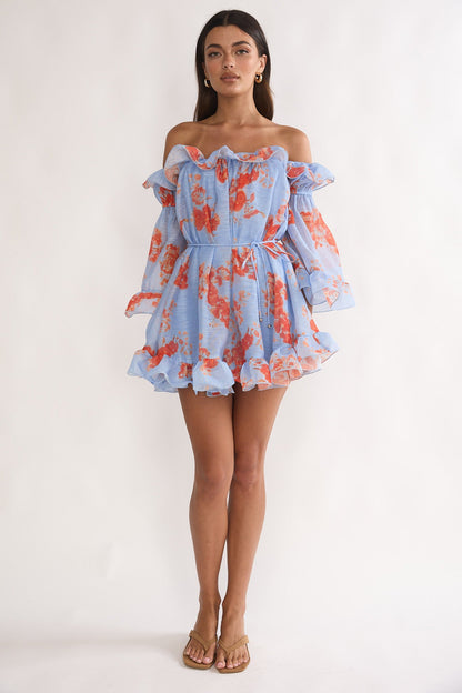 Telora Off-Shoulder Ruffle Mini Dress Floral Blue