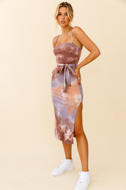 Serenade Me Square Neckline Side Split Midi Dress Tie Dye Brown/Lilac