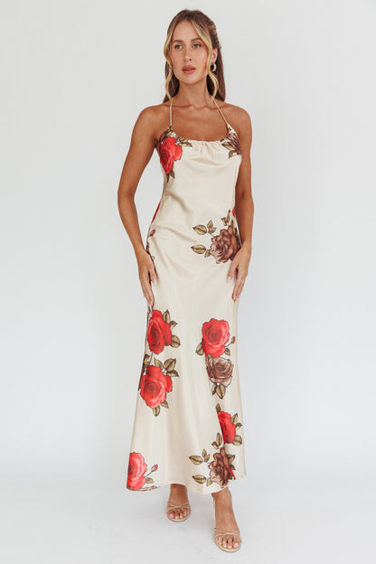 Aspen Spring Lace-Up Back Maxi Dress Floral Beige