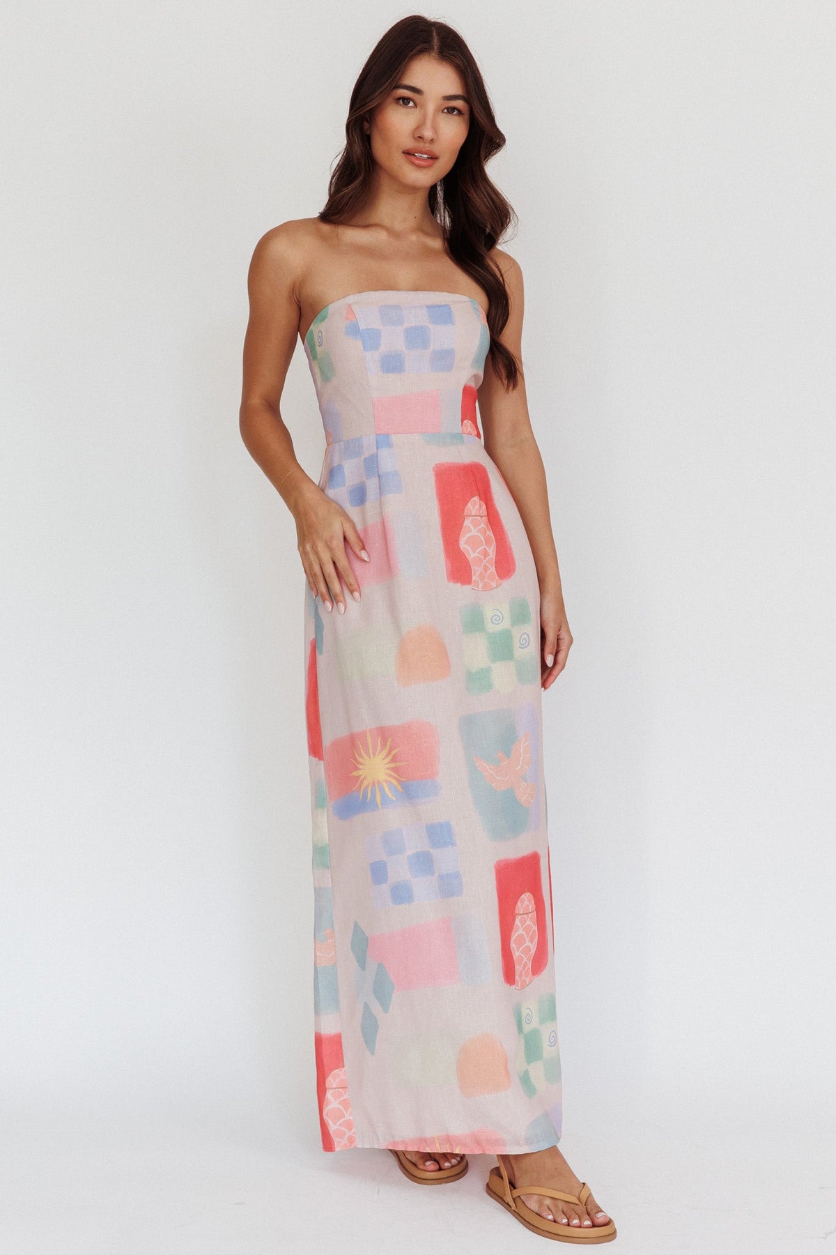 Eastern Sun Strapless Abstract Print Maxi Dress Multi