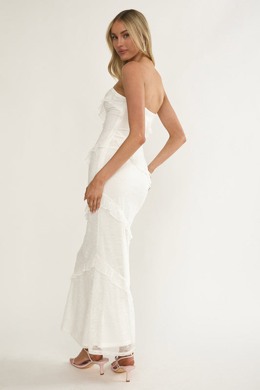 Metrics Strapless Frill Maxi Dress White