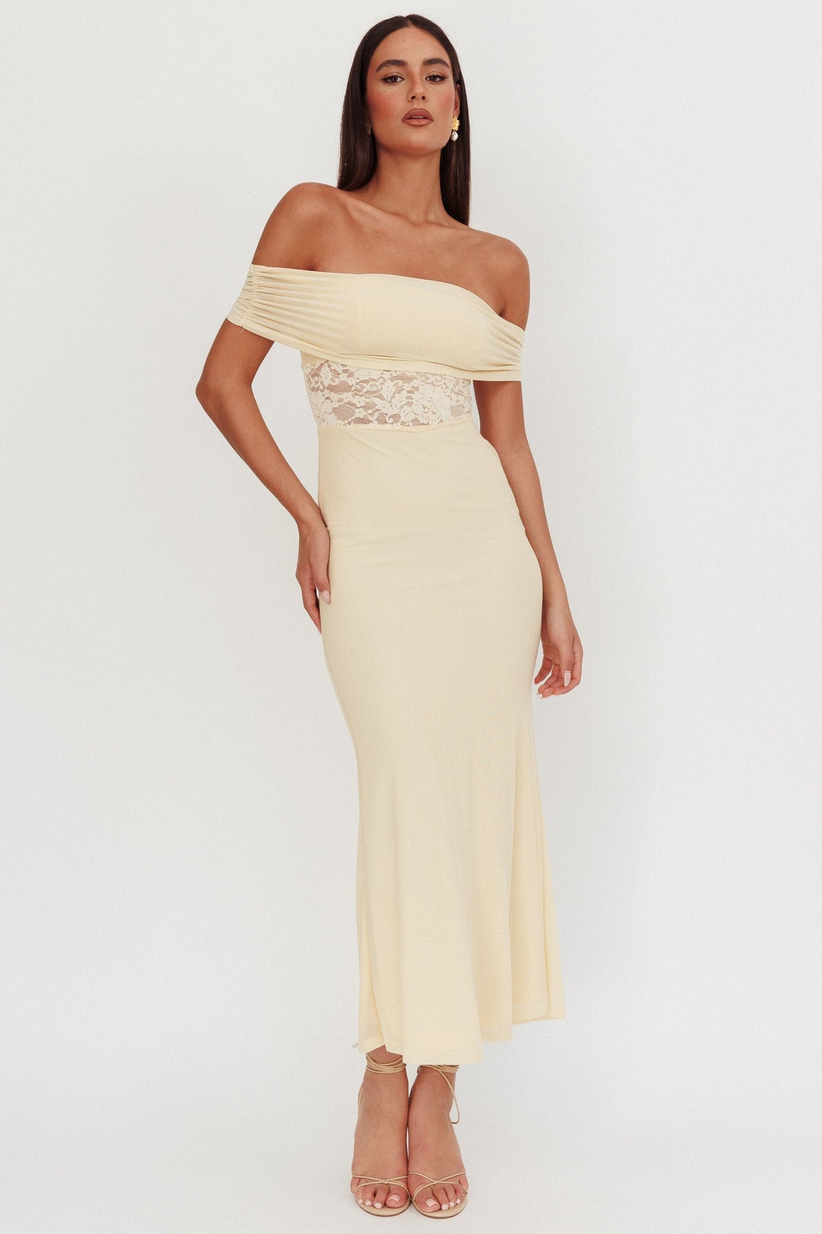 Flutters Off-Shoulder Lace Insert Maxi Dress Cream