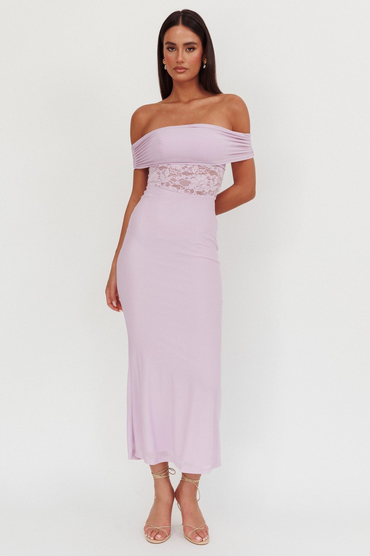Flutters Off-Shoulder Lace Insert Maxi Dress Lilac