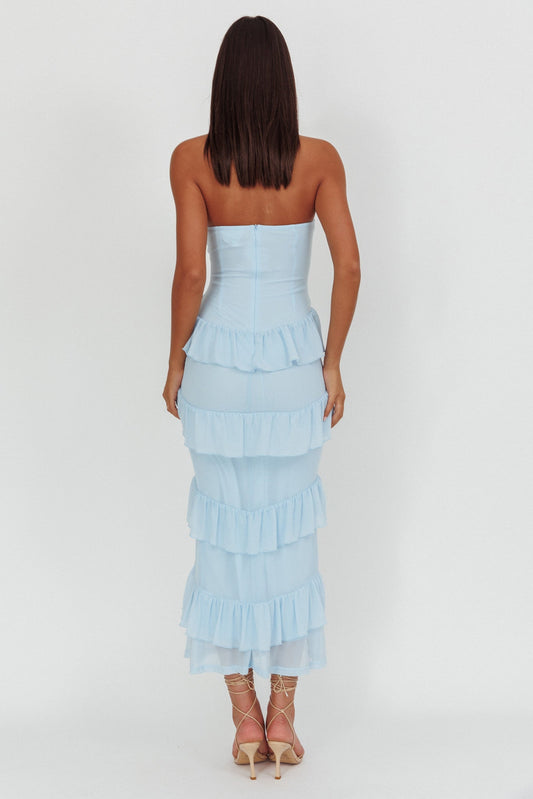 Dulce Dreams Sweetheart Neckline Frill Maxi Dress Blue