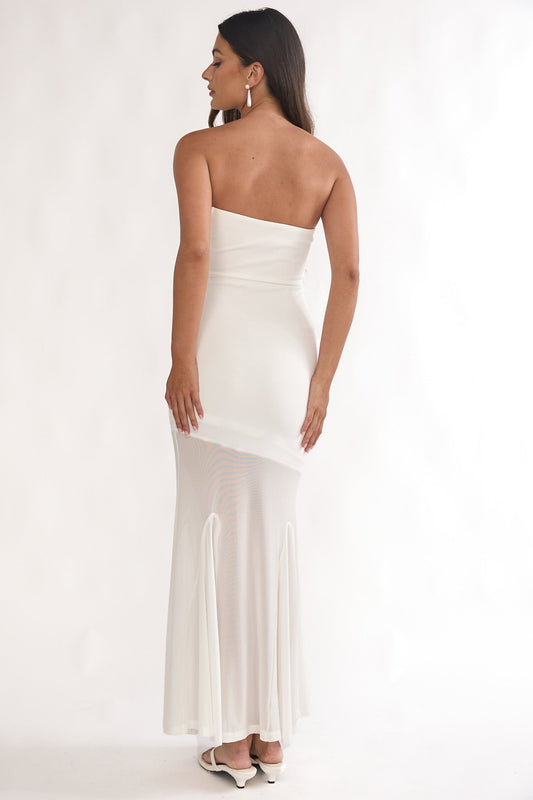 Calluna Strapless Sheer Godet Hem Maxi Dress White