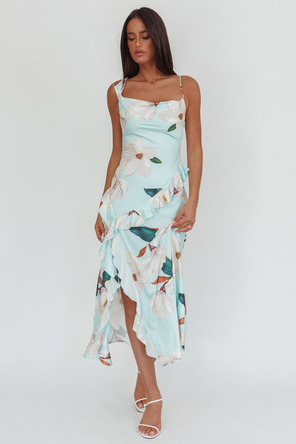 Sunshine Eternity Asymmetric Neckline Ruffle Maxi Dress Floral Mint