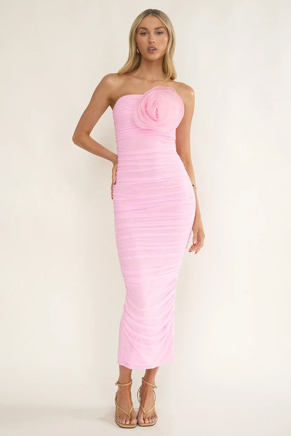 She Just Knows Ruched Flower Bust Maxi Dress Pink
