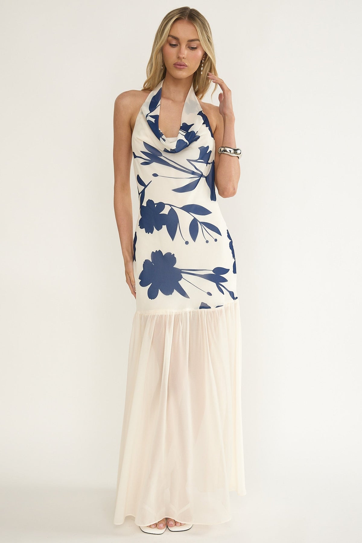Omaria Cowl Halter Maxi Dress Floral Beige