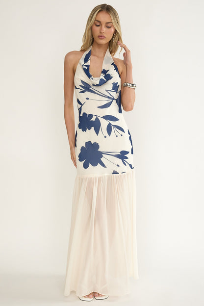 Omaria Cowl Halter Maxi Dress Floral Beige