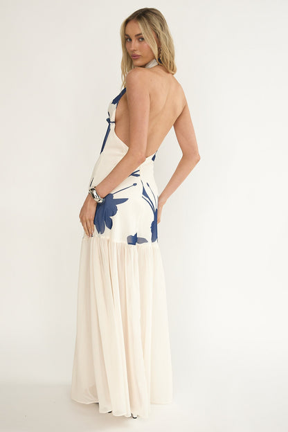 Omaria Cowl Halter Maxi Dress Floral Beige