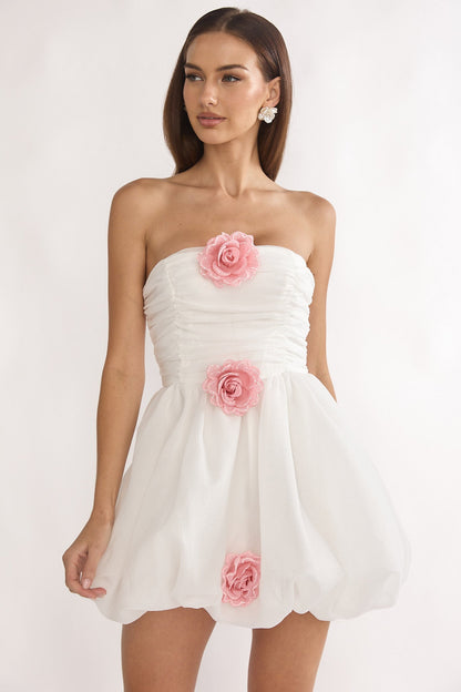 Cassandrae Rosette Strapless Mini Dress White