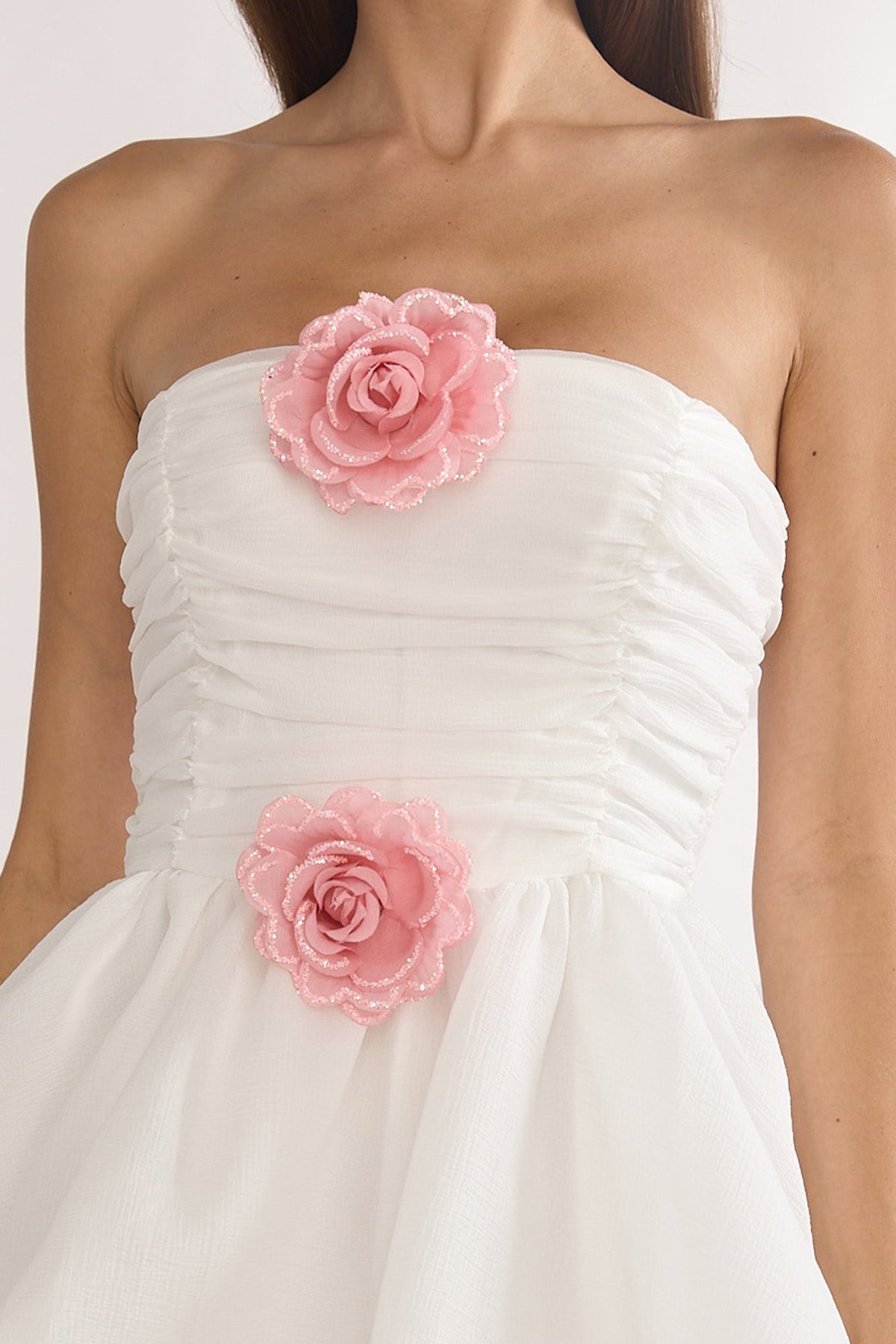 Cassandrae Rosette Strapless Mini Dress White