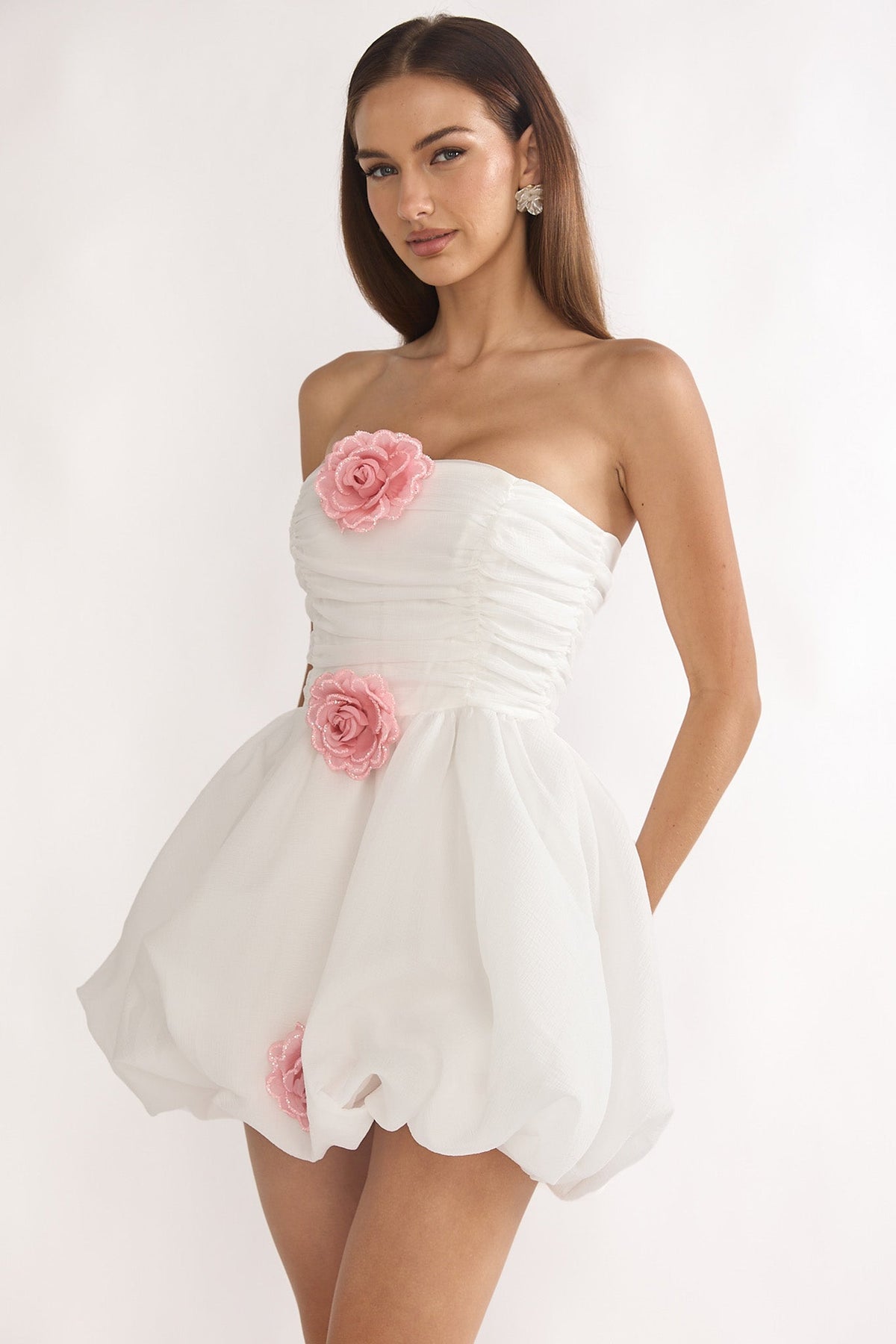Cassandrae Rosette Strapless Mini Dress White