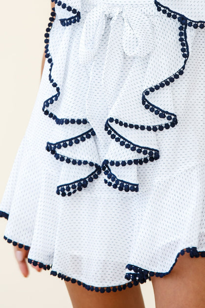 Deandra Ruffle Insert Waist Tie Dress Dash Pattern White