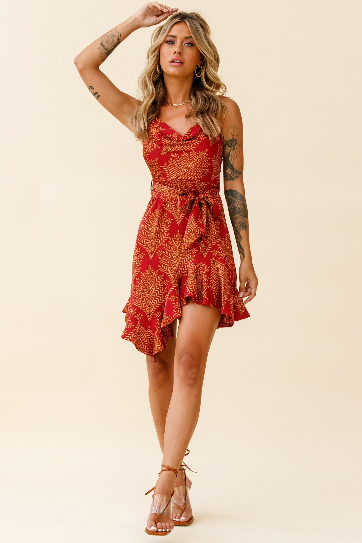 On The Prowl Cowl Neck Asymmetrical Hem Dress Leaf Print Wine