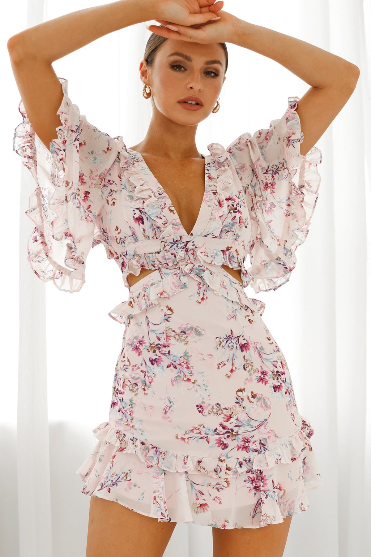 My Belle Cut-Out Detail Frill Accent Dress Floral Print Pink