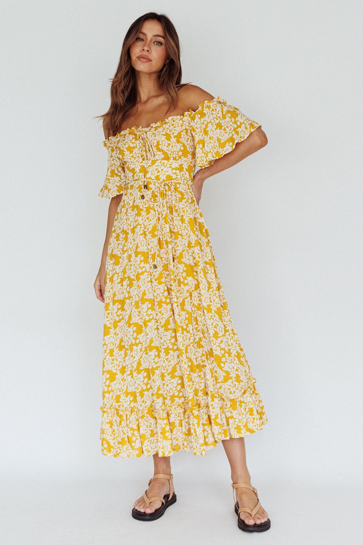 Voyager Off-Shoulder Bell Sleeve Midi Dress Floral Yellow