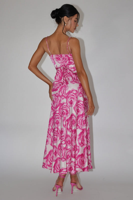 Twin Flame Drawstring Bust Midi Dress Floral Pink