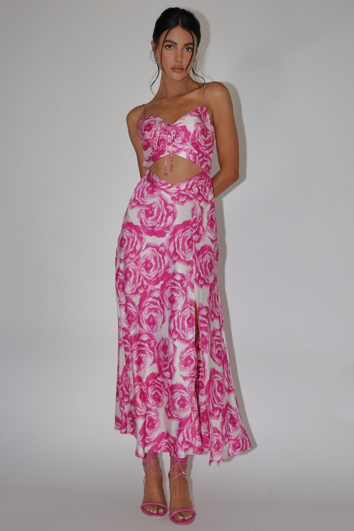 Twin Flame Drawstring Bust Midi Dress Floral Pink