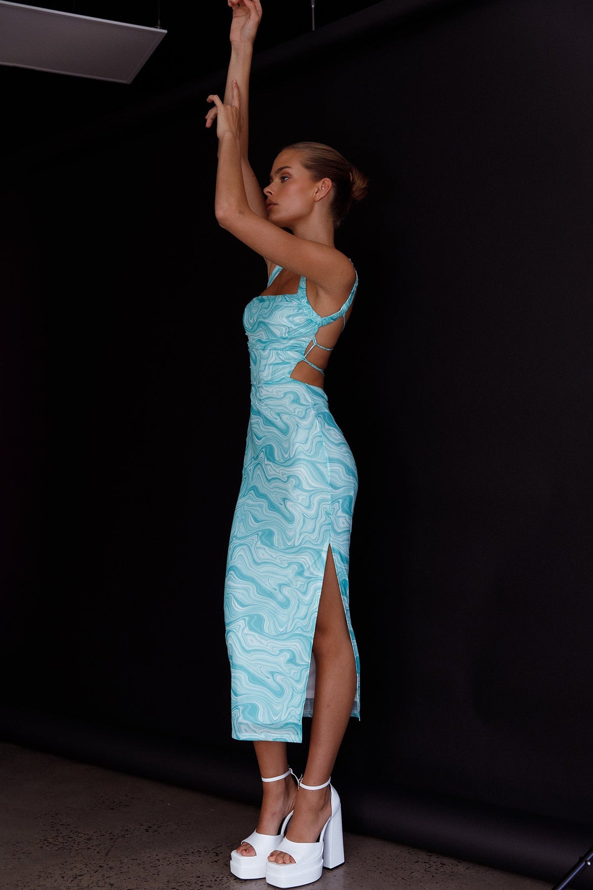 Dream Crush Lace-Up Back Side Split Midi Dress Marbled Green