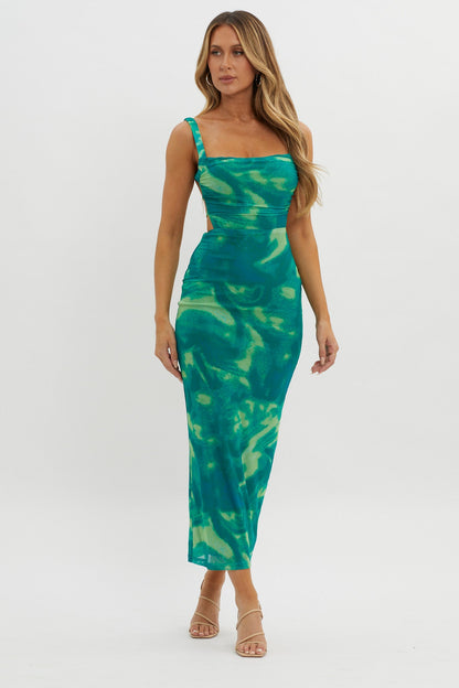 Dream Crush Lace-Up Back Side Split Maxi Dress Swirl Green