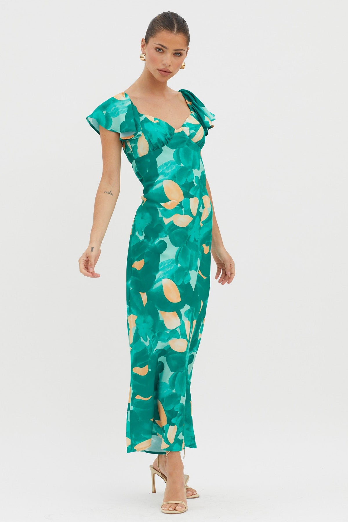Park Avenue Flutter Sleeve Midi Dress Abstract Green
