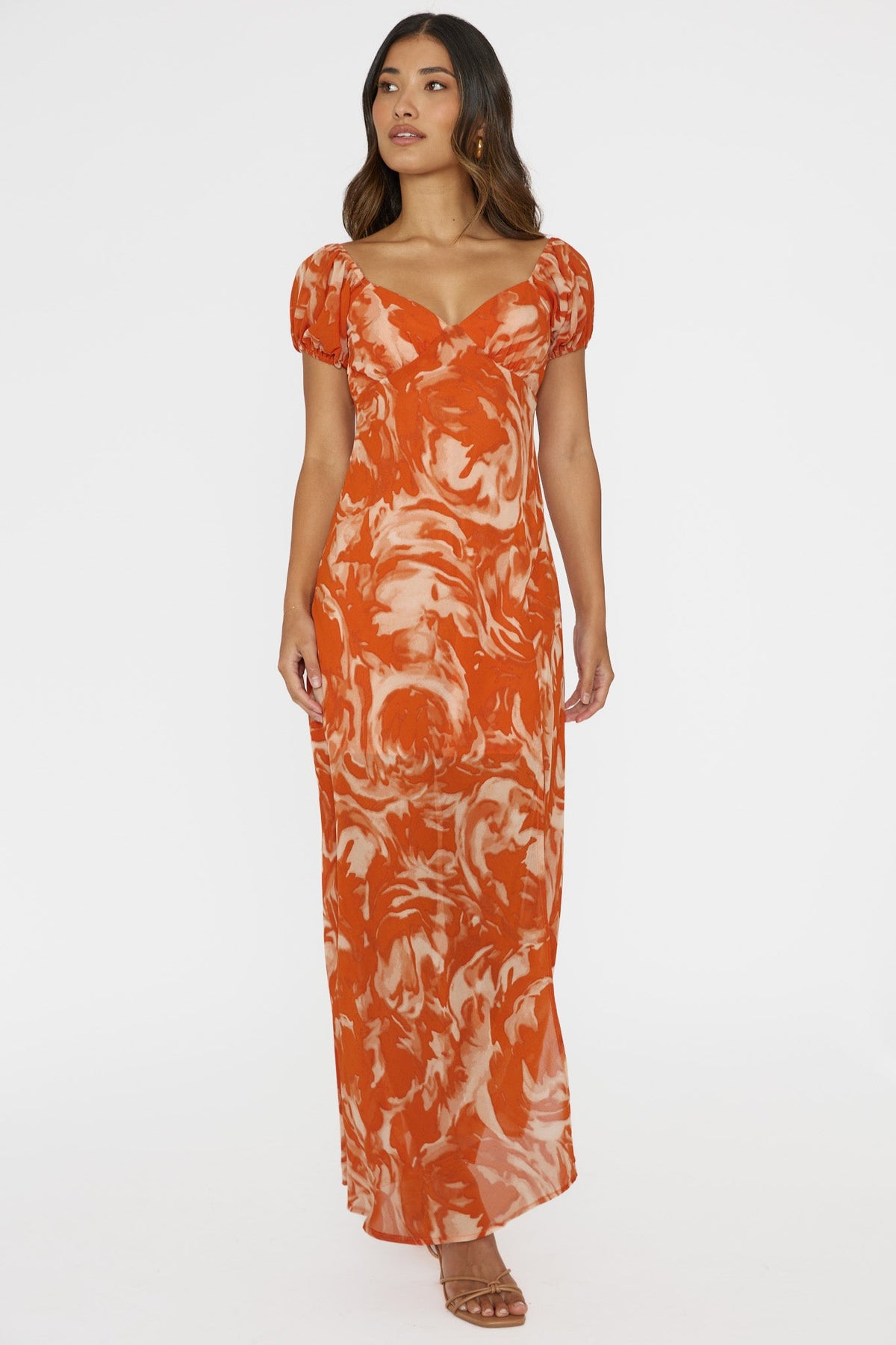 Park Avenue Puff Sleeve Midi Dress Print Orange
