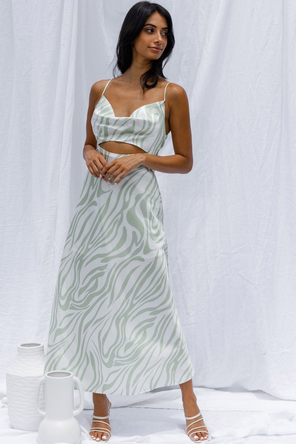 Jasper Cowl Neck Cut-Out Drawstring Back Midi Dress Zebra Print Lime