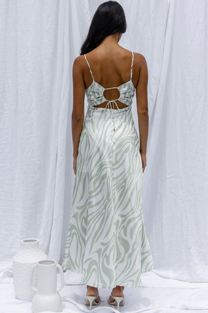 Jasper Cowl Neck Cut-Out Drawstring Back Midi Dress Zebra Print Lime